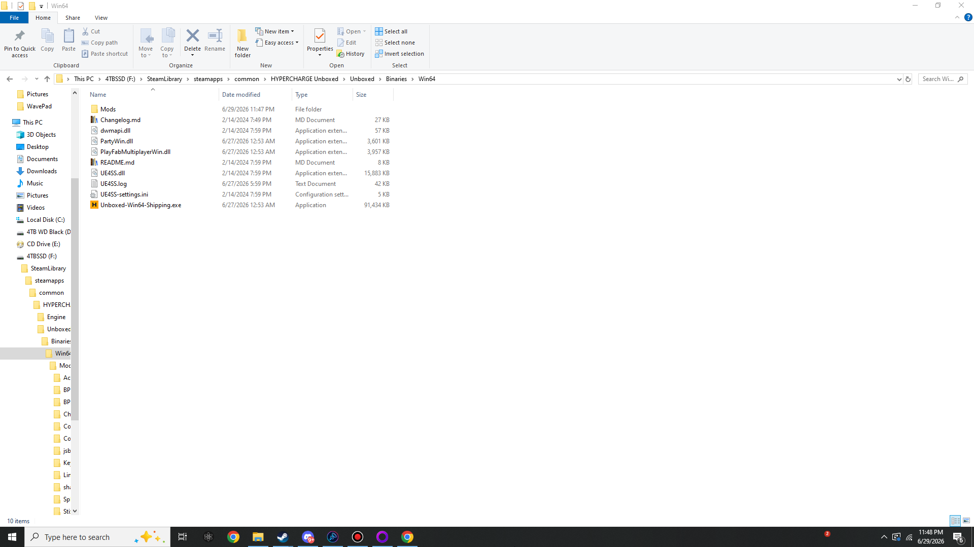 The Win64 folder showing the UE4SS loader files and the Mods folder
