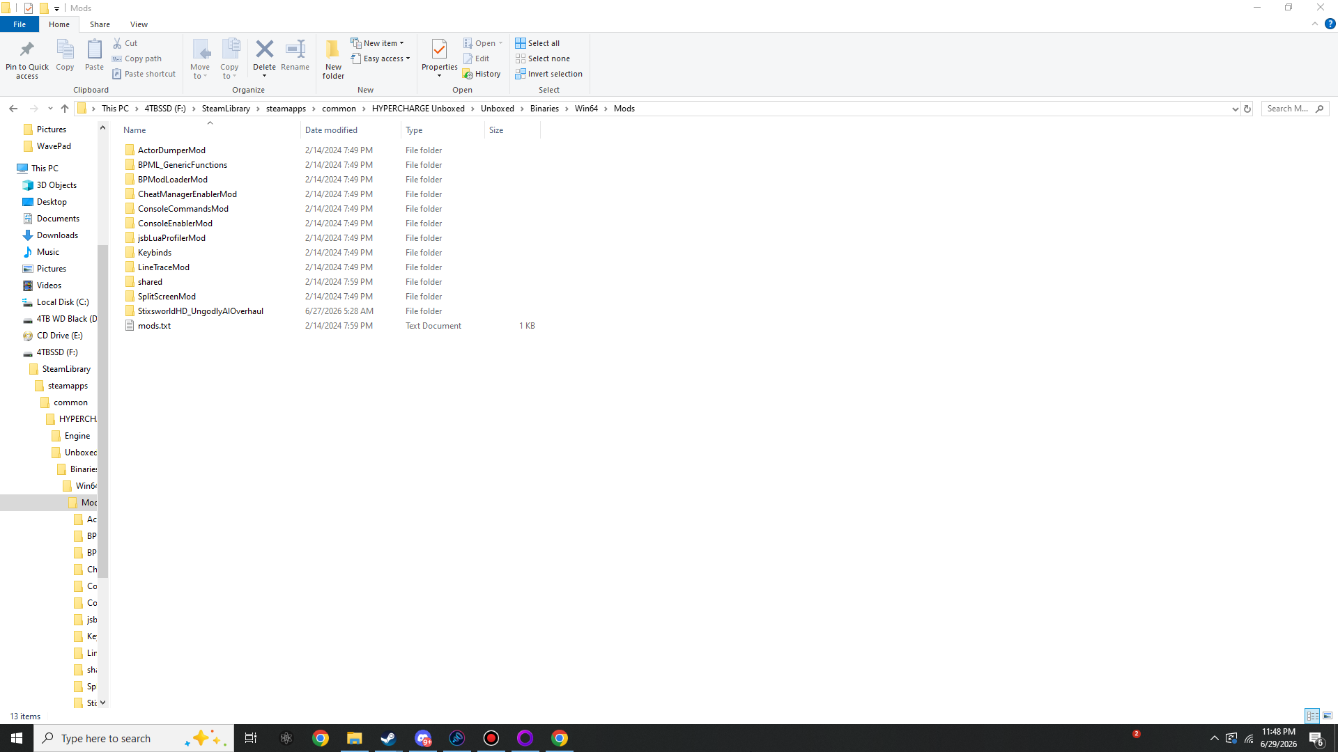 Mods folder with StixsworldHD_UngodlyAIOverhaul listed alongside the built-in UE4SS mods