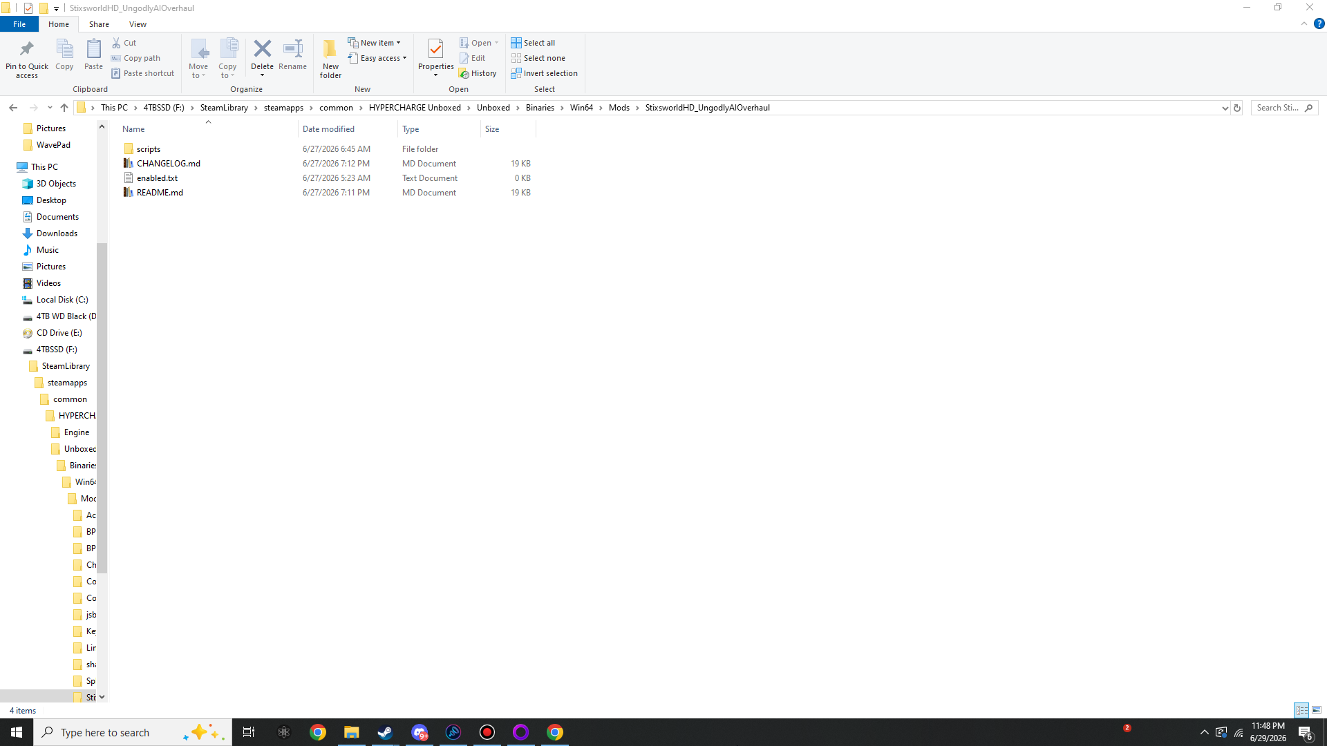 Inside the mod folder showing scripts folder, CHANGELOG.md, enabled.txt and README.md